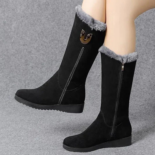 Women's Platform Shoes Side Zipper Women's Snow Boots Winter Round Toe Plush Fleece for Warmth Solid High Tube Flat Snow Boots