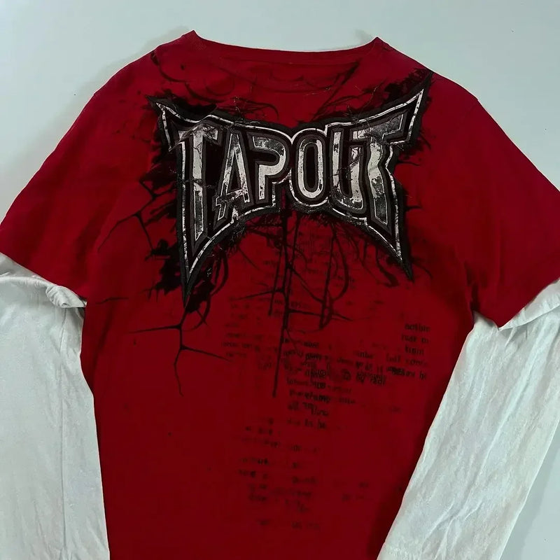 Y2K New TAPOUT Printed Red Long Sleeve Spring and Summer Retro Harajuku Cotton Top Men's Women's Street Hip Hop Gothic Loose Top