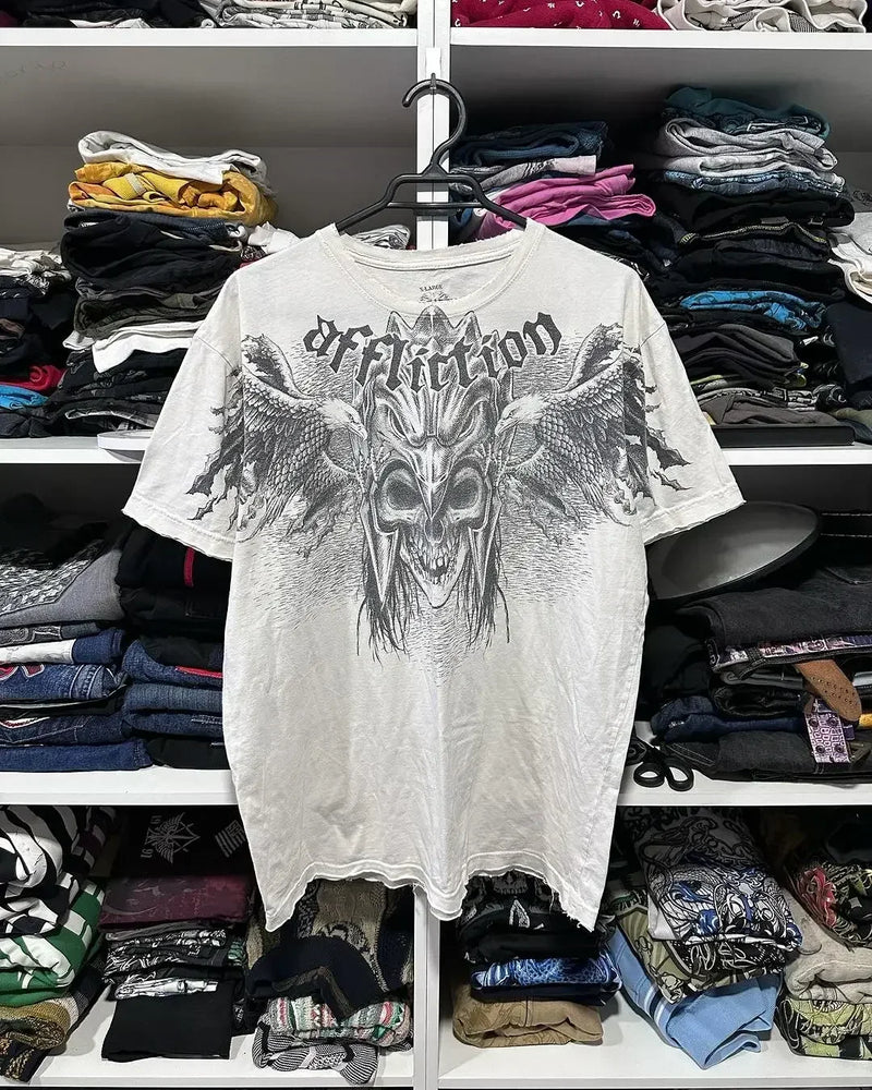 Y2K Gothic Clothing Affliction T Shirt Men Skull Graphic New Harajuku Round Neck Oversized T-Shirt Short Sleeve Tops Street Wear