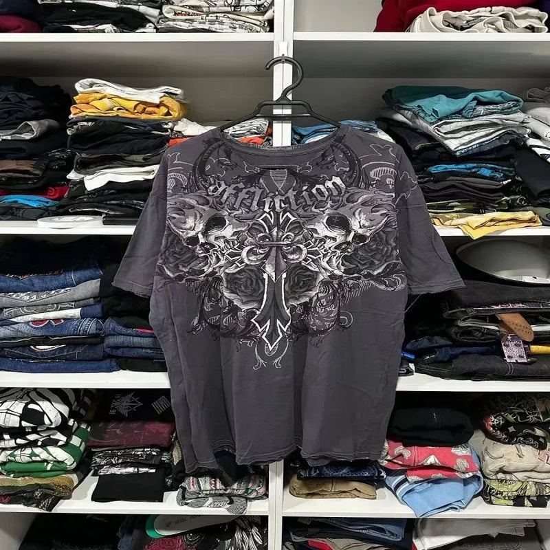 Affliction Long sleeved T shirt Y2K New Skull Round Neck Loose T shirt Mens Womens Casual Gothic Clothing Cotton Tops Streetwear