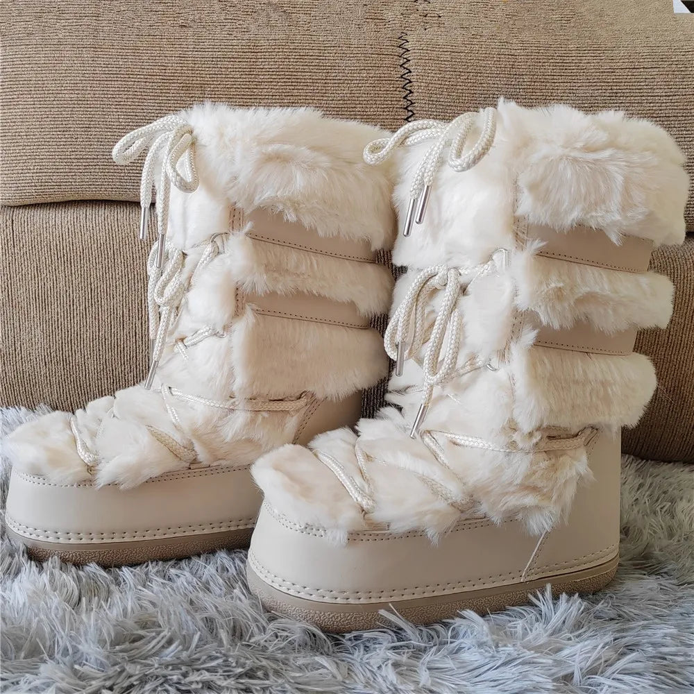 White Fur Snow Boots for Women Winter Faux Fur Boots y2k Platform Fluffy Fuzzy Furry Faux Fur Boots Waterproof Mid-calf Boots