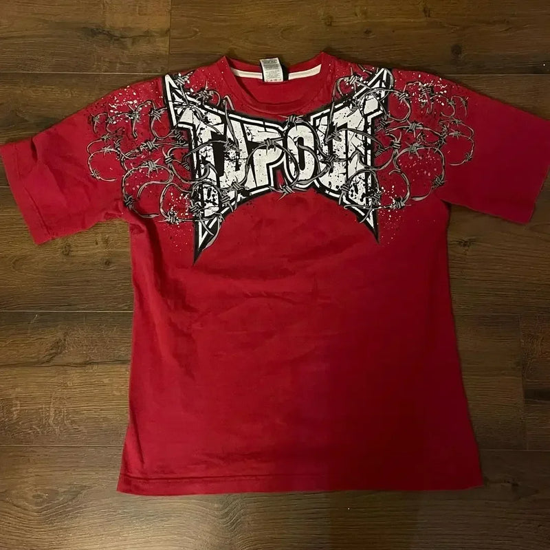 Y2K New TAPOUT Printed Red Long Sleeve Spring and Summer Retro Harajuku Cotton Top Men's Women's Street Hip Hop Gothic Loose Top