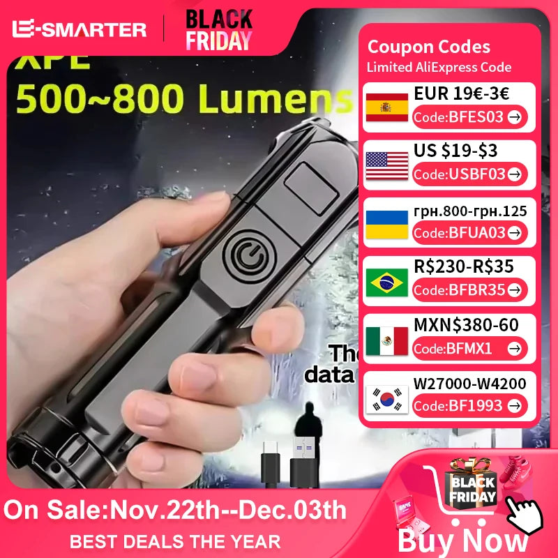 4 Lighting Mode Strong LED Flashlights Telescopic Zoom Tactical Torch USB Portable Spotlight Long-Range Camping Flashlight