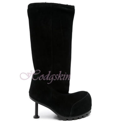 Round Big Head Snow Boots Knee High Winter Warm Boots Stiletto Heels Solid Fur Slip On Sexy New Style Fashion Shoes Party Casual