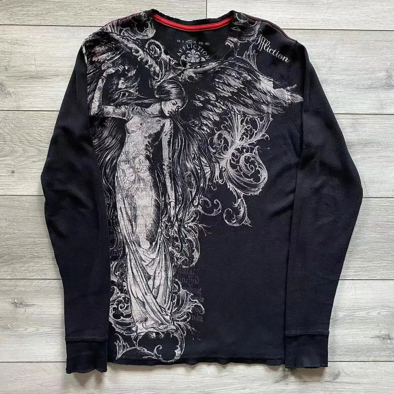 Streetwear Y2K Affliction Long sleeved T shirt Fashion Round Neck Oversized T shirt New  Mens Womens Casual Gothic Clothing Tops