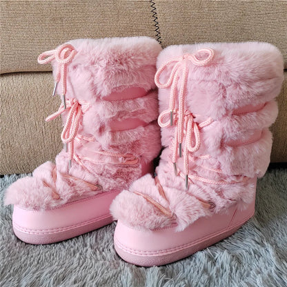 White Fur Snow Boots for Women Winter Faux Fur Boots y2k Platform Fluffy Fuzzy Furry Faux Fur Boots Waterproof Mid-calf Boots