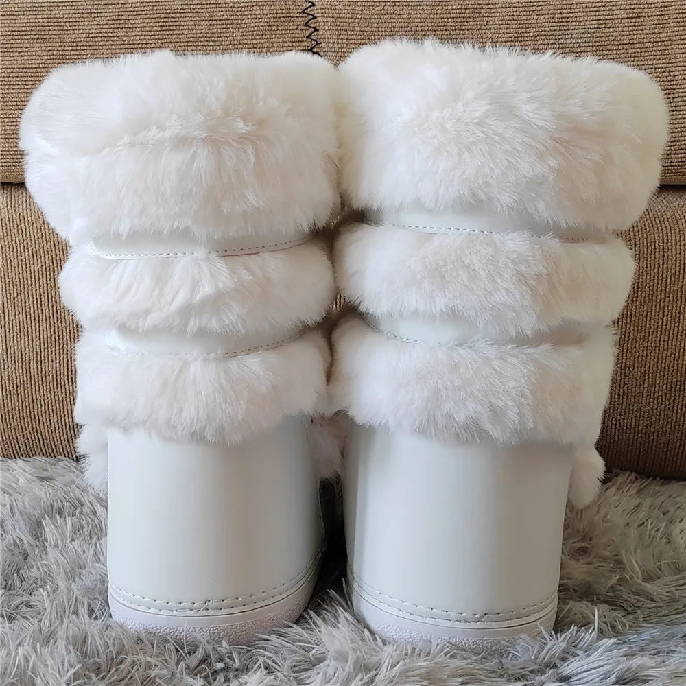 White Fur Snow Boots for Women Winter Faux Fur Boots y2k Platform Fluffy Fuzzy Furry Faux Fur Boots Waterproof Mid-calf Boots