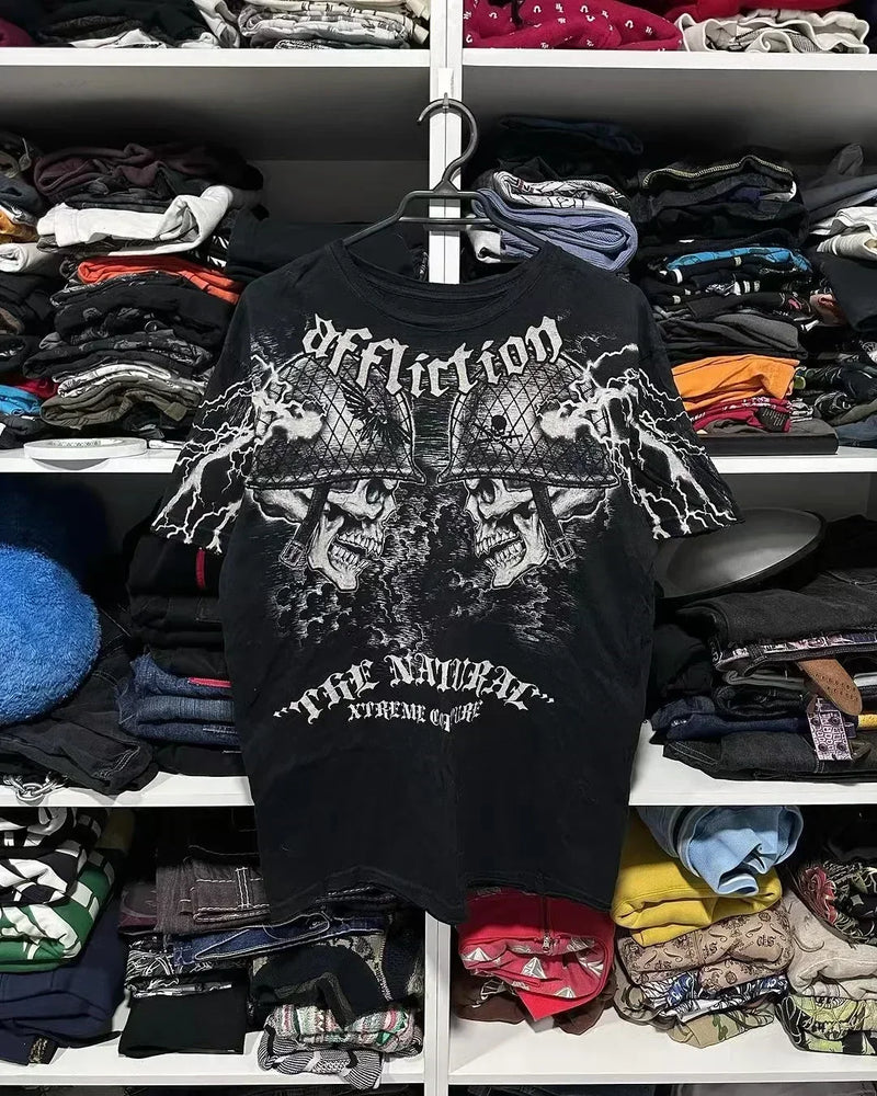 Y2K Affliction T shirt Men Women Hip Hop skull Printed Round Neck Oversized T shirt Short Sleeved Goth Clothing Tops Streetwear