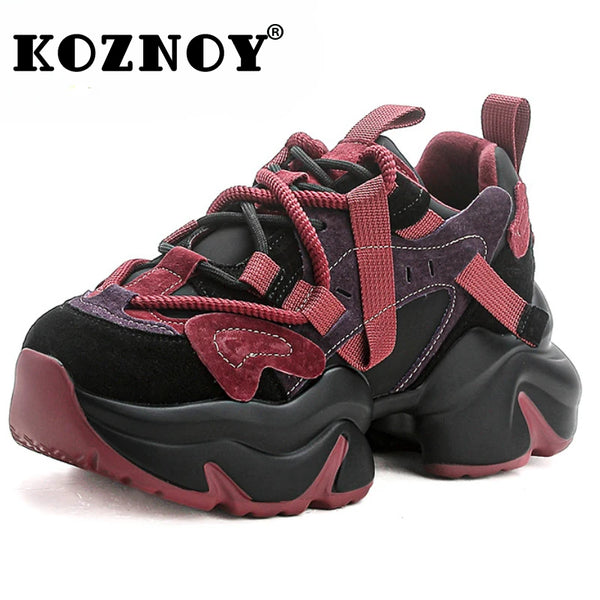 Koznoy 6cm Genuine Leather Women Loafer Flats Spring Autumn Loafer Platform Chunky Sneakers Winter Plush Warm Vulcanize Shoes