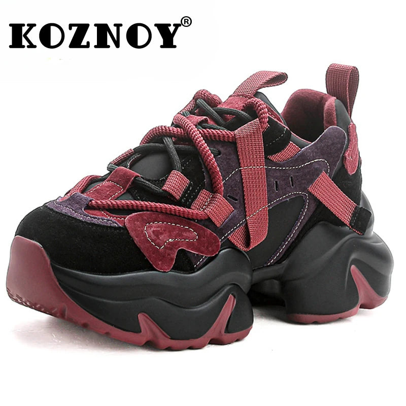 Koznoy 6cm Genuine Leather Women Loafer Flats Spring Autumn Loafer Platform Chunky Sneakers Winter Plush Warm Vulcanize Shoes