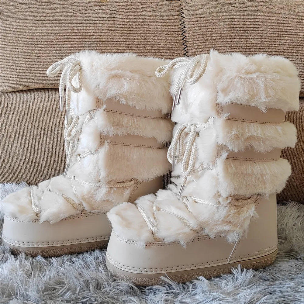 White Fur Snow Boots for Women Winter Faux Fur Boots y2k Platform Fluffy Fuzzy Furry Faux Fur Boots Waterproof Mid-calf Boots