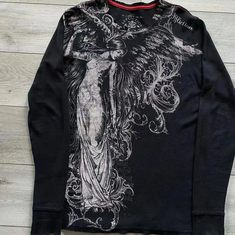 Streetwear Y2K Affliction Long sleeved T shirt Fashion Round Neck Oversized T shirt New  Mens Womens Casual Gothic Clothing Tops