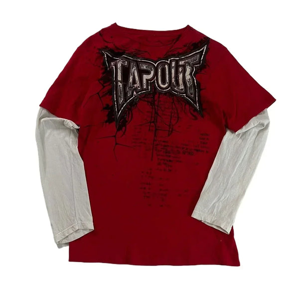 Y2K New TAPOUT Printed Red Long Sleeve Spring and Summer Retro Harajuku Cotton Top Men's Women's Street Hip Hop Gothic Loose Top