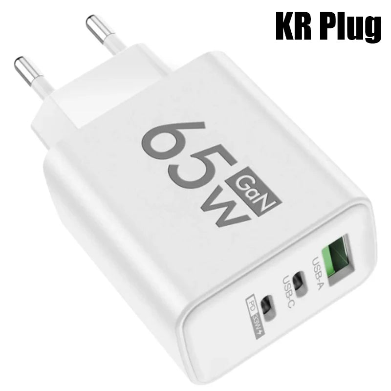 GaN Fast Charging 65W USB Type C Charger EU KR PD 3.0 Quick Charge Wall For Phone Adapter For iPhone 15 Xiaomi Huawei Samsung