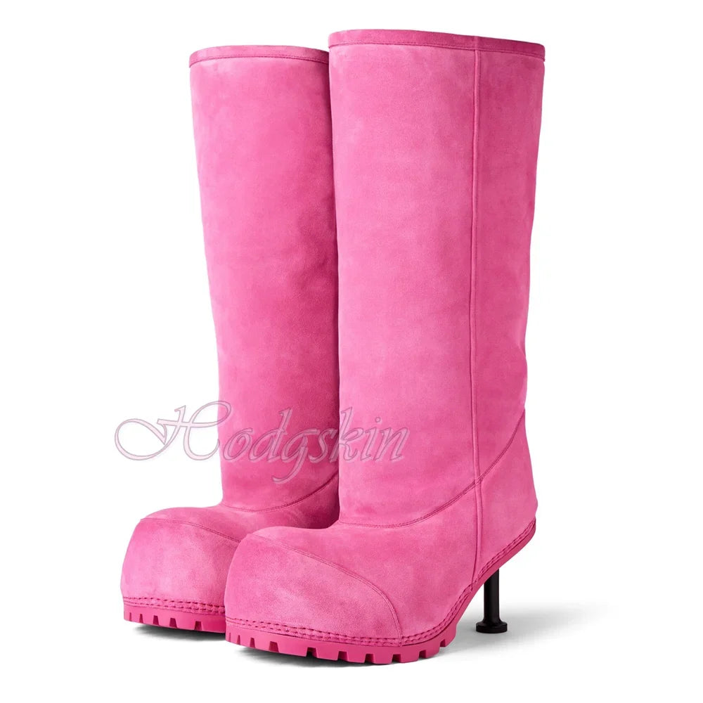 Round Big Head Snow Boots Knee High Winter Warm Boots Stiletto Heels Solid Fur Slip On Sexy New Style Fashion Shoes Party Casual