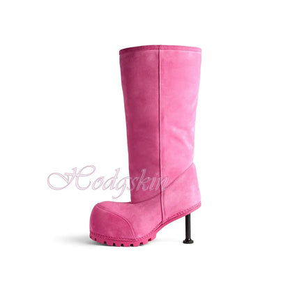 Round Big Head Snow Boots Knee High Winter Warm Boots Stiletto Heels Solid Fur Slip On Sexy New Style Fashion Shoes Party Casual