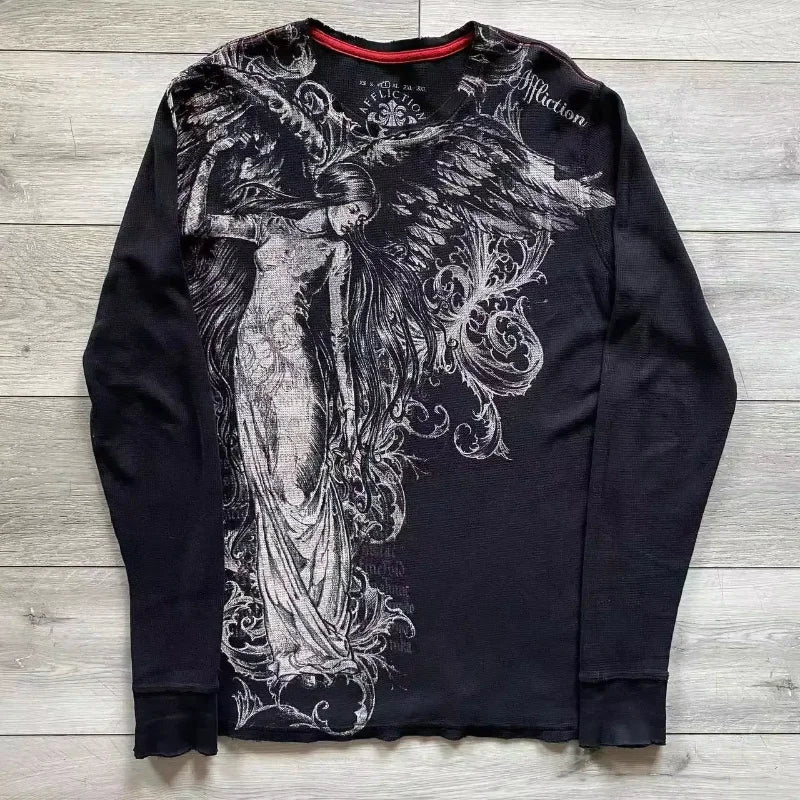 Affliction Long sleeved T shirt Y2K New Skull Round Neck Loose T shirt Mens Womens Casual Gothic Clothing Cotton Tops Streetwear