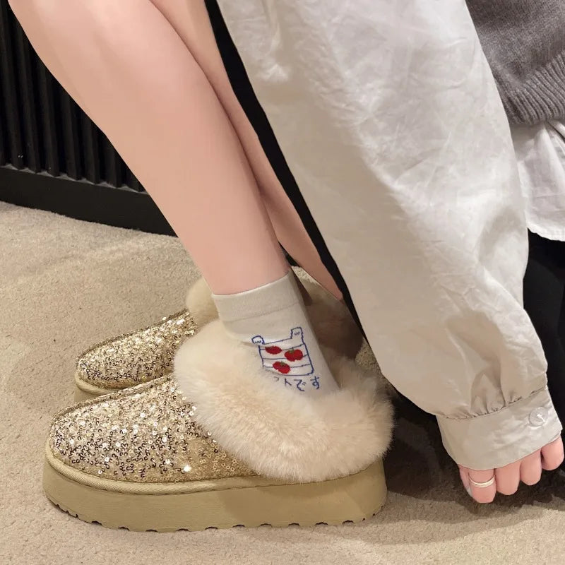 Winter Faux Fur Winter Boots Glitter Women Non Slip Plush Snow Boots Woman Thick Bottom Warm Cotton Shoes Platform Botas Mujer