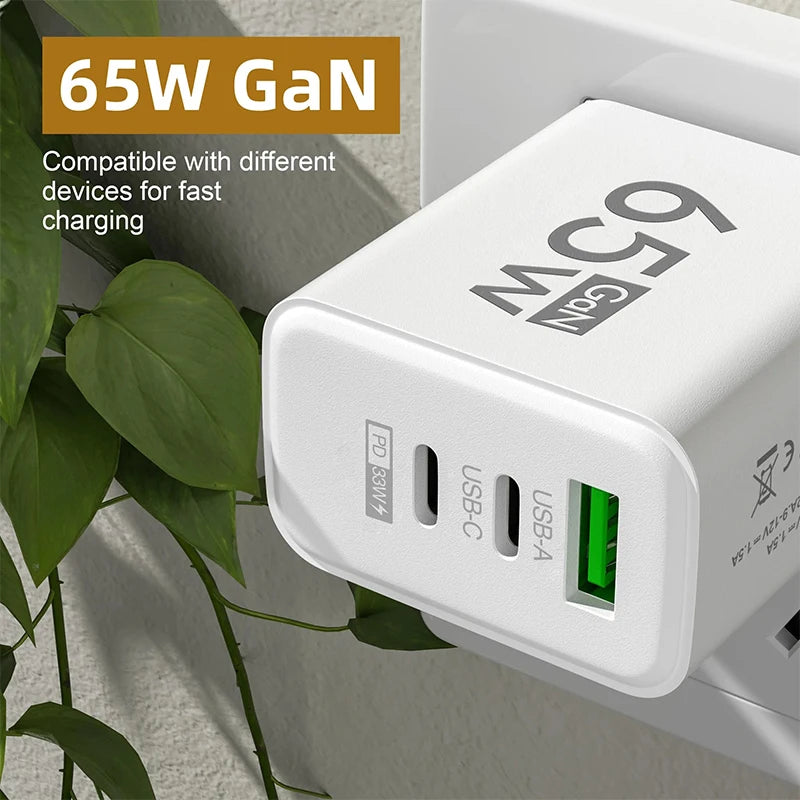 GaN Fast Charging 65W USB Type C Charger EU KR PD 3.0 Quick Charge Wall For Phone Adapter For iPhone 15 Xiaomi Huawei Samsung