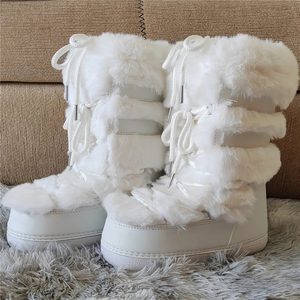 White Fur Snow Boots for Women Winter Faux Fur Boots y2k Platform Fluffy Fuzzy Furry Faux Fur Boots Waterproof Mid-calf Boots