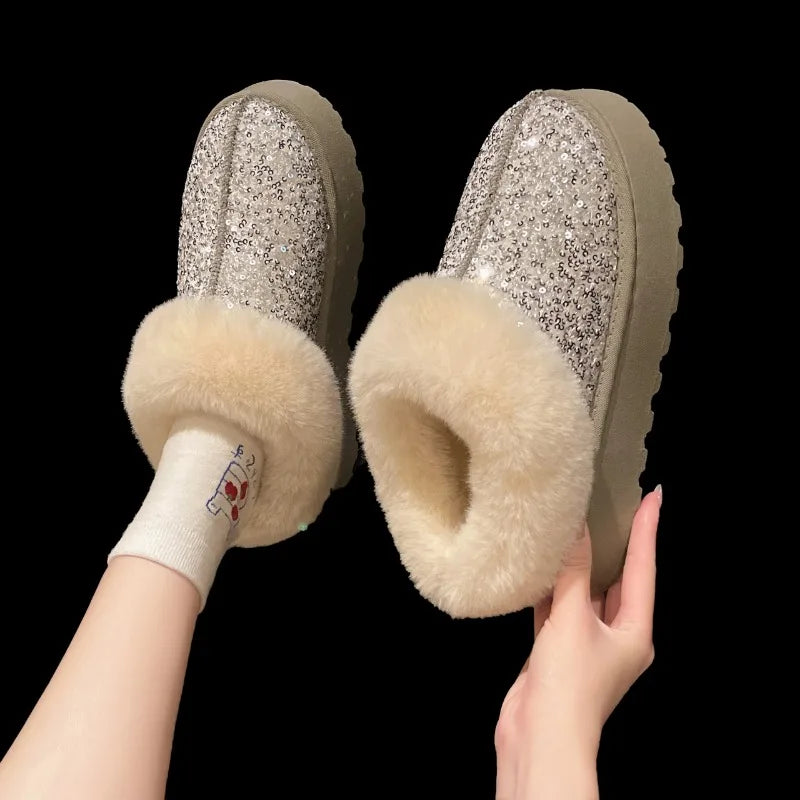 Winter Faux Fur Winter Boots Glitter Women Non Slip Plush Snow Boots Woman Thick Bottom Warm Cotton Shoes Platform Botas Mujer