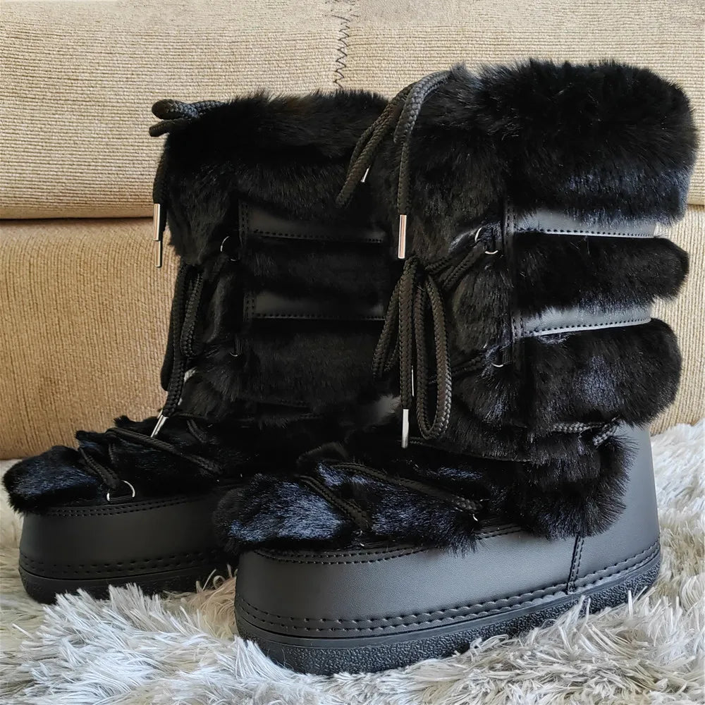 White Fur Snow Boots for Women Winter Faux Fur Boots y2k Platform Fluffy Fuzzy Furry Faux Fur Boots Waterproof Mid-calf Boots