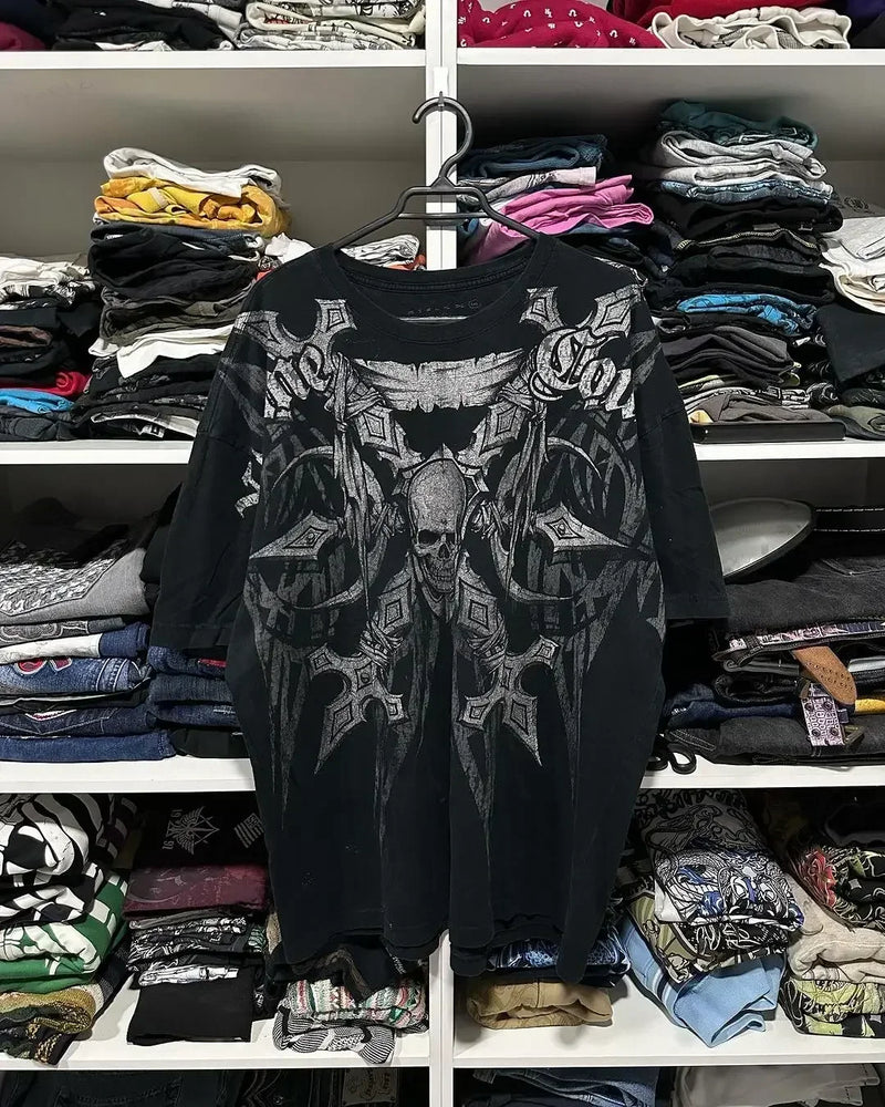 Y2K Gothic Clothing Affliction T Shirt Men Skull Graphic New Harajuku Round Neck Oversized T-Shirt Short Sleeve Tops Street Wear