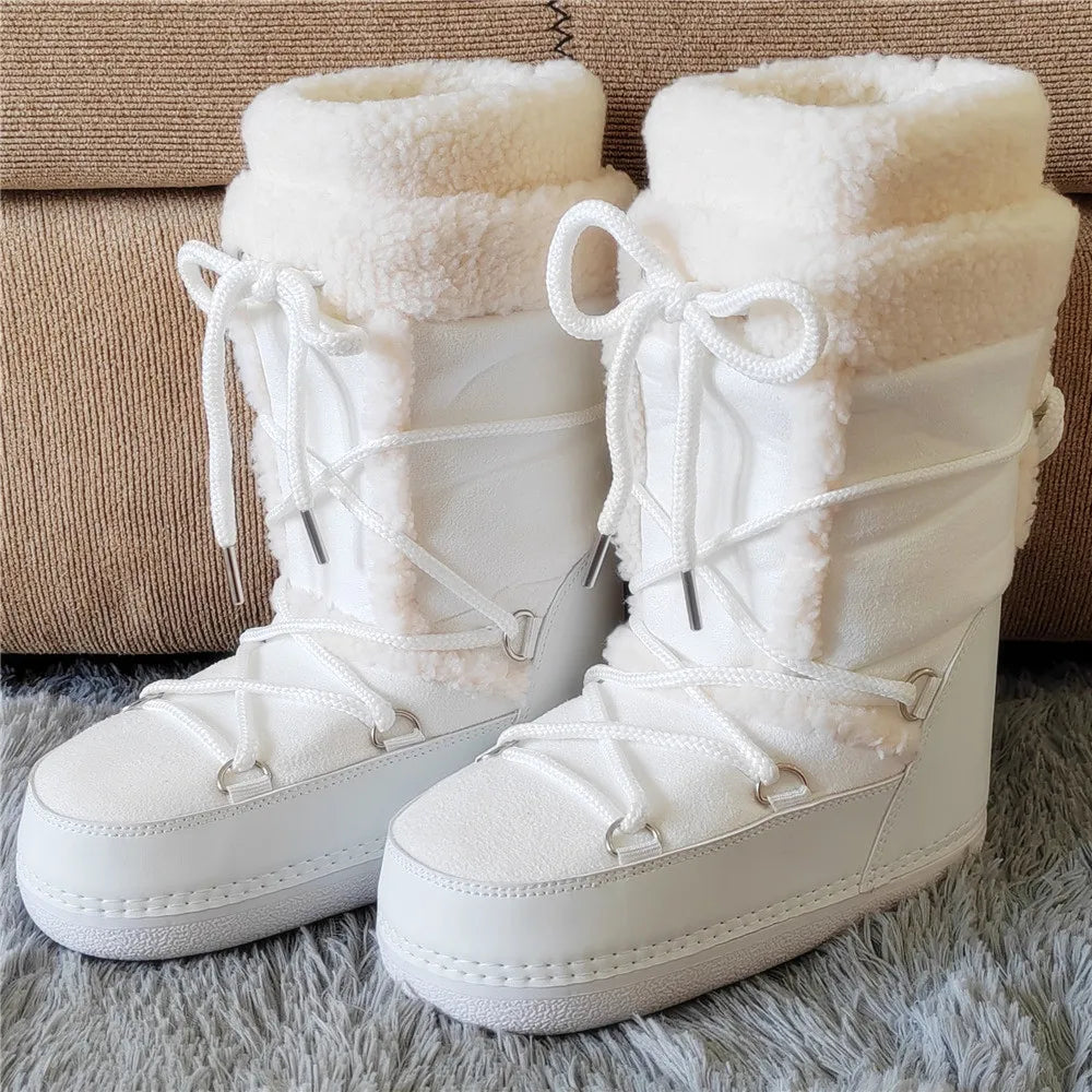 White Fur Snow Boots for Women Winter Faux Fur Boots y2k Platform Fluffy Fuzzy Furry Faux Fur Boots Waterproof Mid-calf Boots