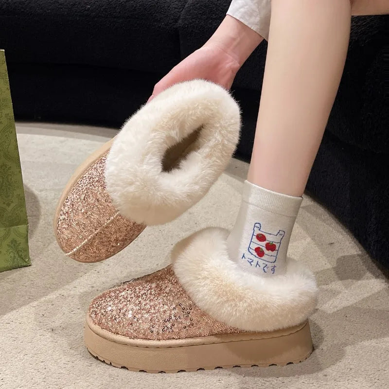 Winter Faux Fur Winter Boots Glitter Women Non Slip Plush Snow Boots Woman Thick Bottom Warm Cotton Shoes Platform Botas Mujer